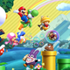 Various characters from New Super Mario Bros U Deluxe, including Mario, Luigi, Toad, Yoshi, and Toadette.